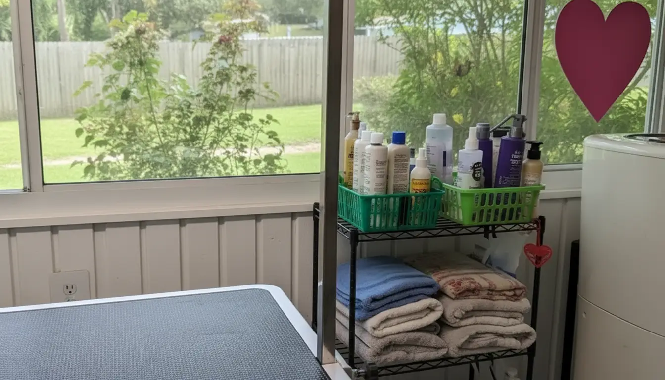 Shampoo bottles in green baskets above stacks of folded towels by the salon window