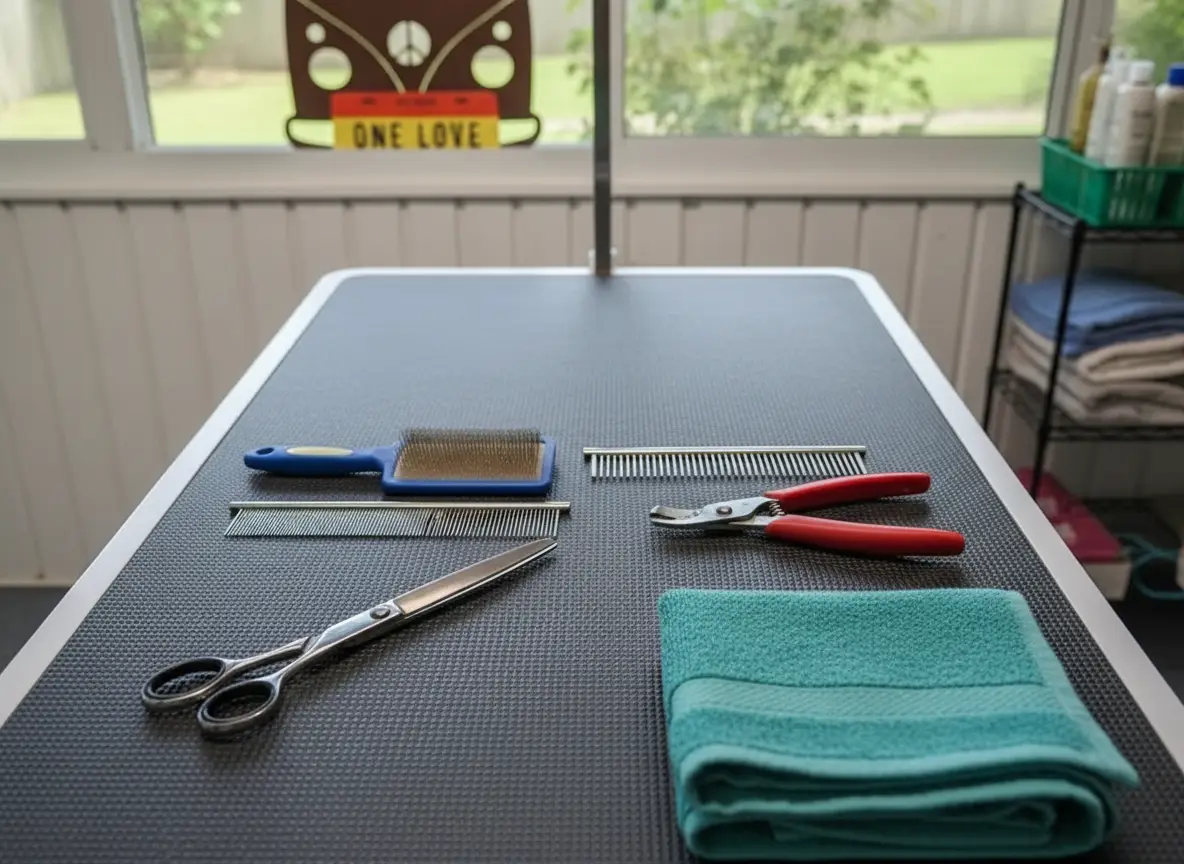 Nail clippers, shears, a steel comb and a slicker brush laid out on the black grooming table