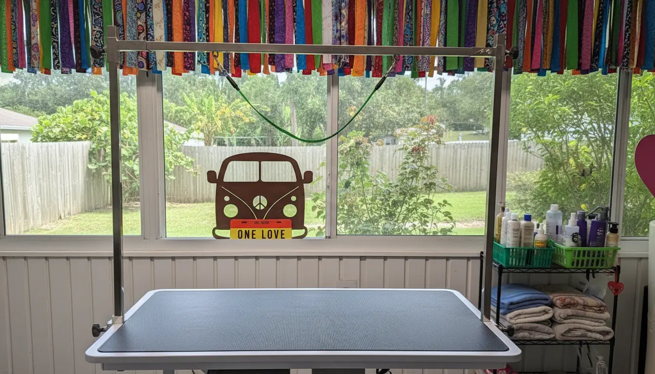 The empty grooming table under a valance of hanging bandana fabric strips, garden window behind